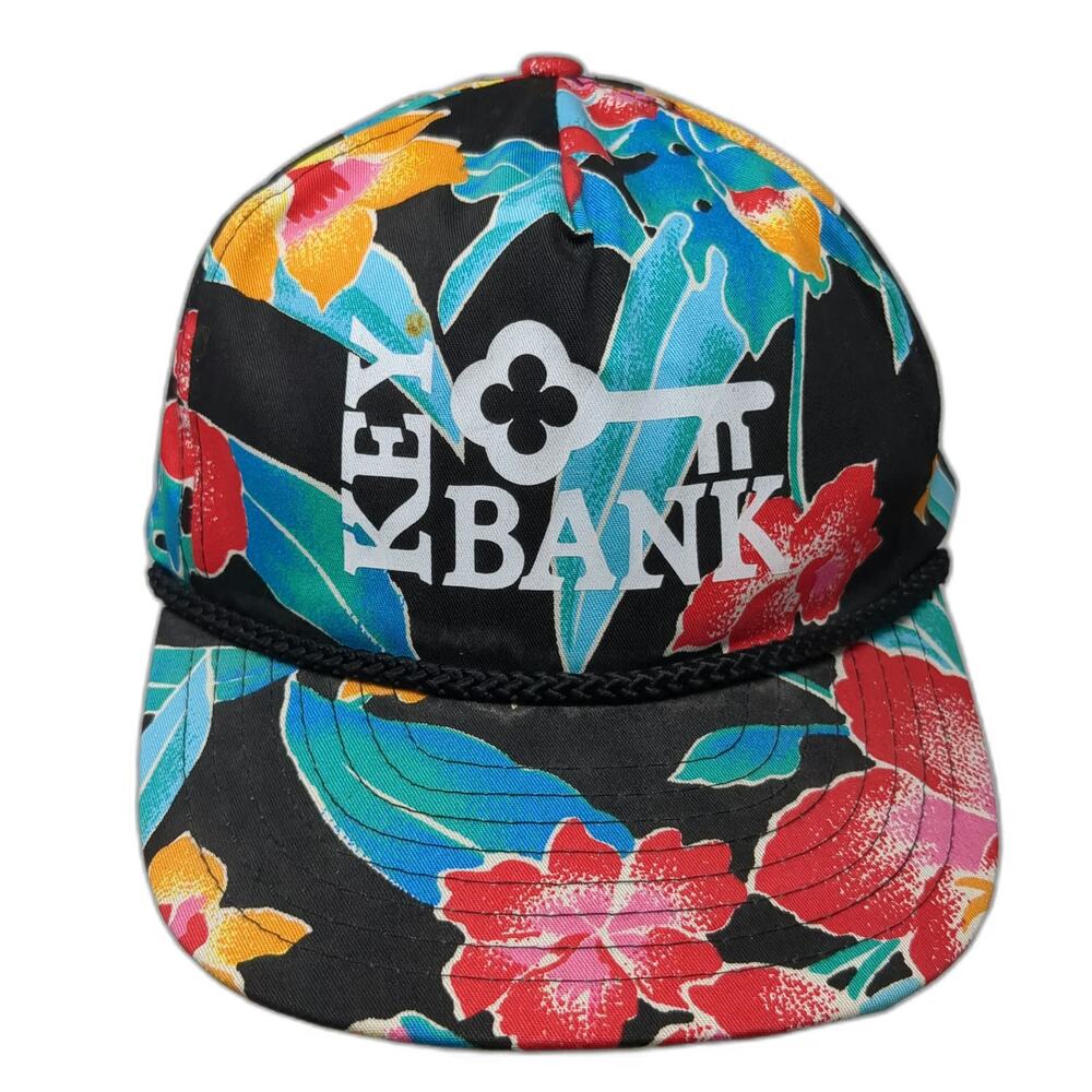 Nissin 5 Panel Black One Size Floral Key Bank Rope Bill Tropical Graphic Hat